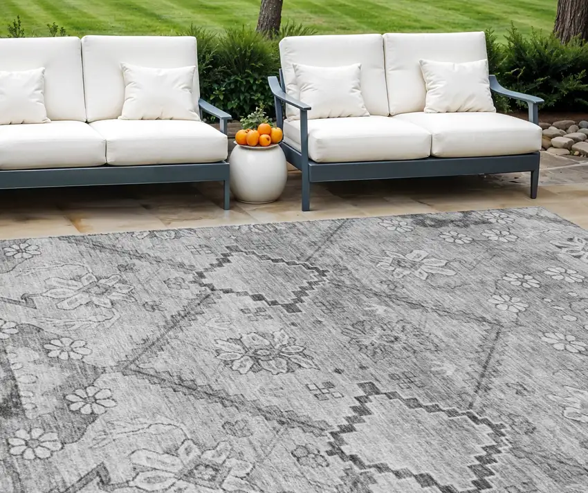 Gray Charcoal And Silver Floral Washable Indoor Outdoor Area Rug Photo 1
