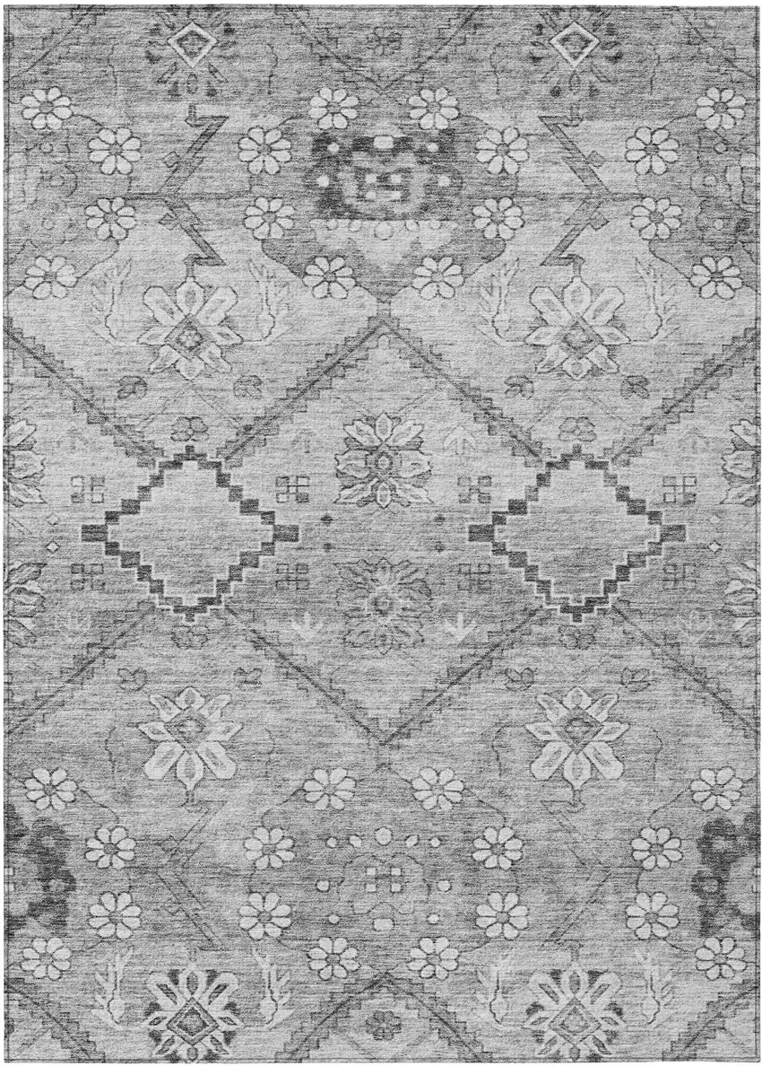 Gray Charcoal And Silver Floral Washable Indoor Outdoor Area Rug Photo 2