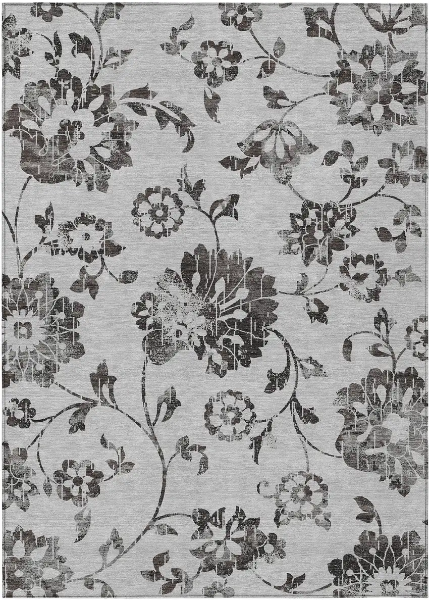 Gray Charcoal And Silver Floral Washable Indoor Outdoor Area Rug Photo 2