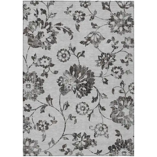 Gray Charcoal And Silver Floral Washable Indoor Outdoor Area Rug Photo 2