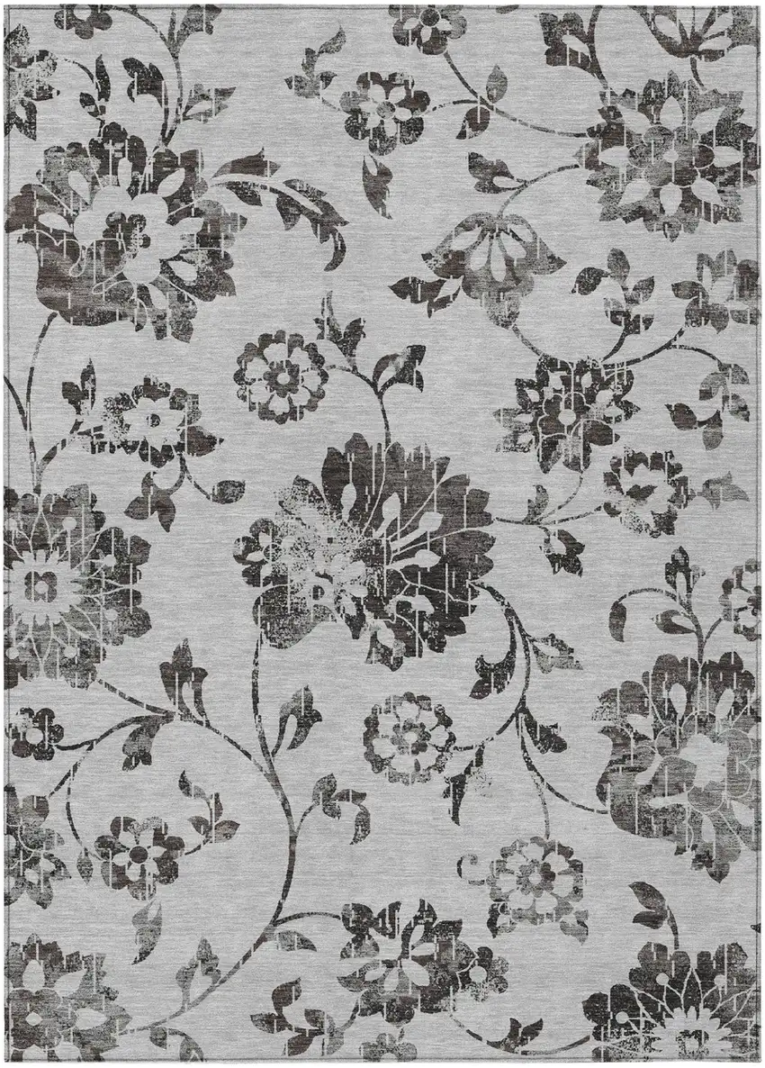 Gray Charcoal And Silver Floral Washable Indoor Outdoor Area Rug Photo 2