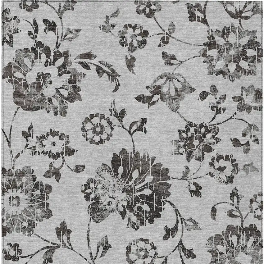 Gray Charcoal And Silver Floral Washable Indoor Outdoor Area Rug Photo 7