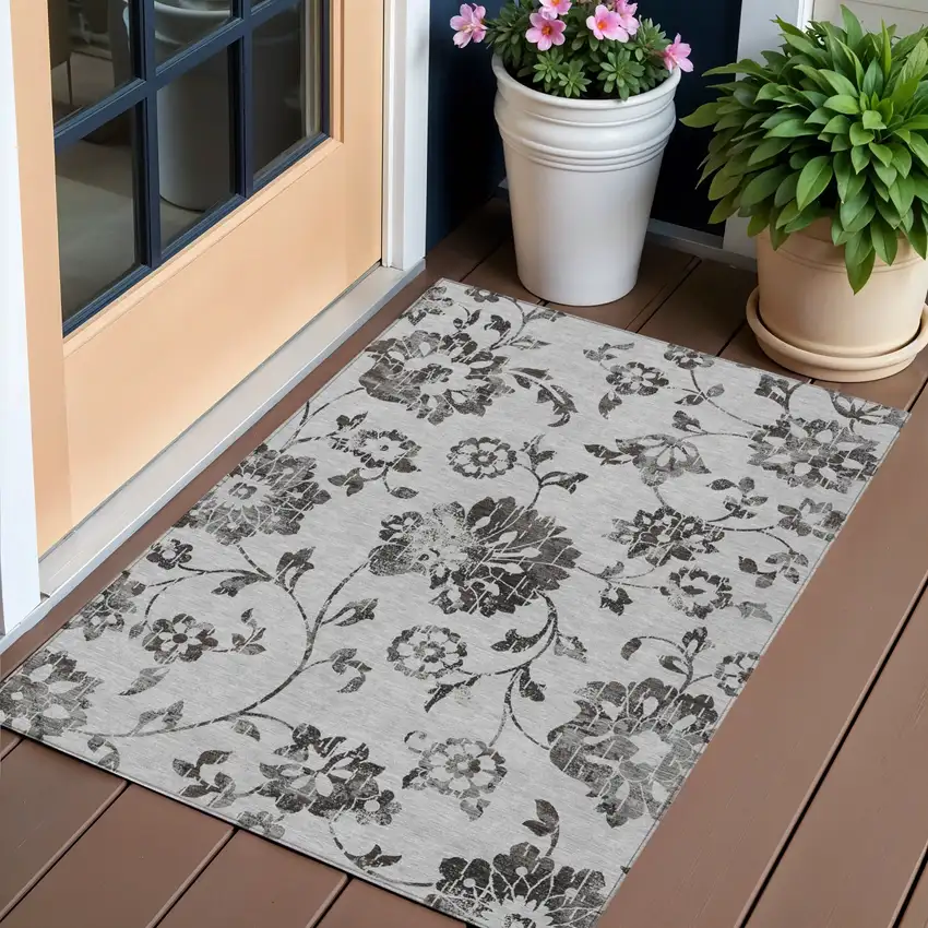 Gray Charcoal And Silver Floral Washable Indoor Outdoor Area Rug Photo 1