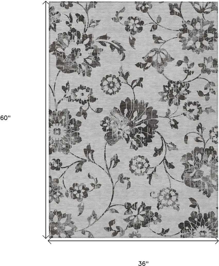 Gray Charcoal And Silver Floral Washable Indoor Outdoor Area Rug Photo 3