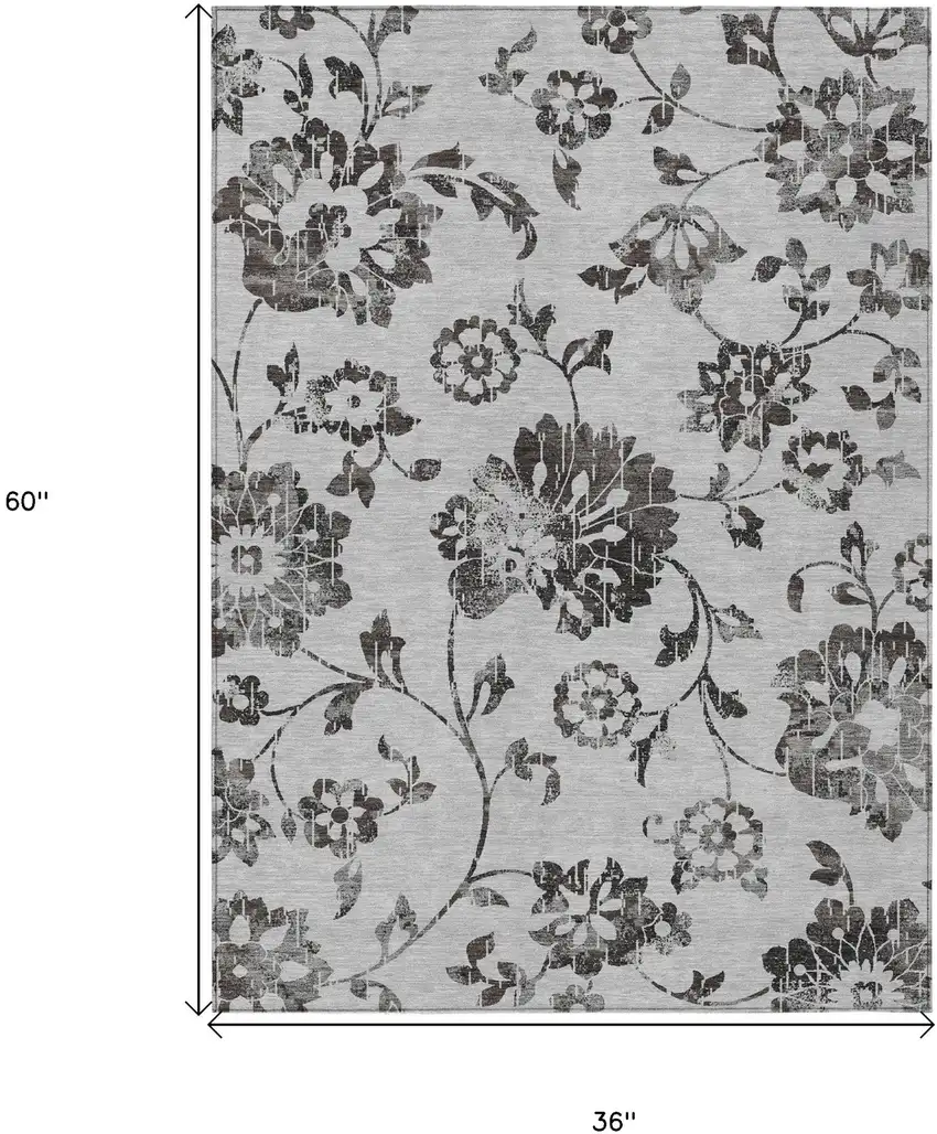 Gray Charcoal And Silver Floral Washable Indoor Outdoor Area Rug Photo 3
