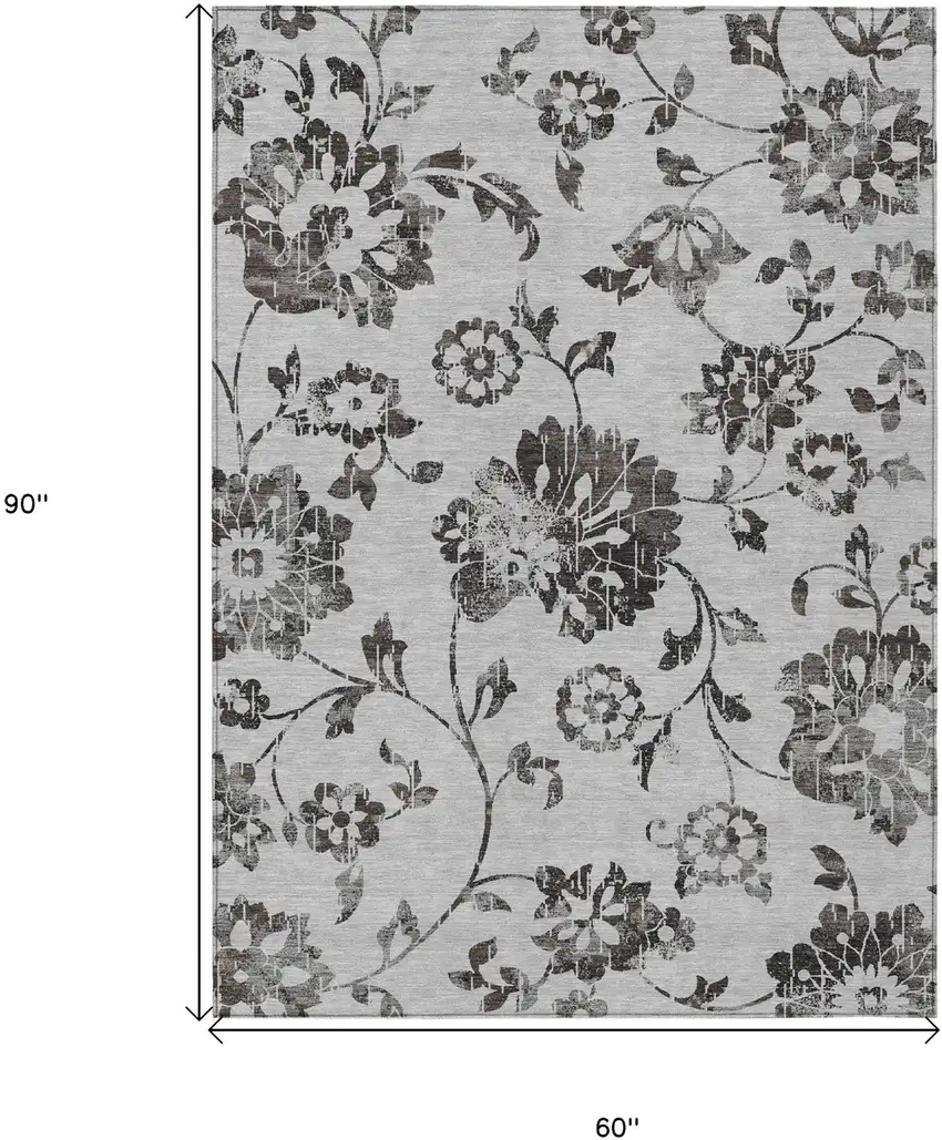Gray Charcoal And Silver Floral Washable Indoor Outdoor Area Rug Photo 3