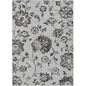 Photo of Gray Charcoal And Silver Floral Washable Indoor Outdoor Area Rug