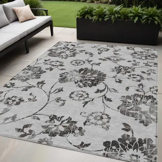Gray Charcoal And Silver Floral Washable Indoor Outdoor Area Rug Photo 1