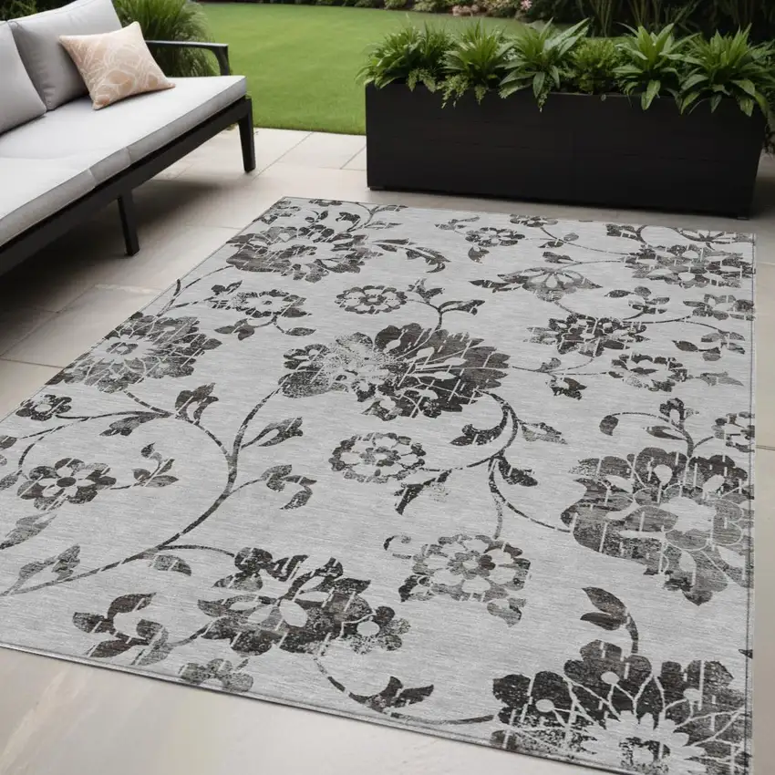 Gray Charcoal And Silver Floral Washable Indoor Outdoor Area Rug Photo 1