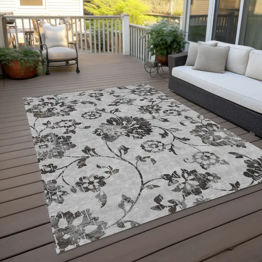 Gray Charcoal And Silver Floral Washable Indoor Outdoor Area Rug Photo 9