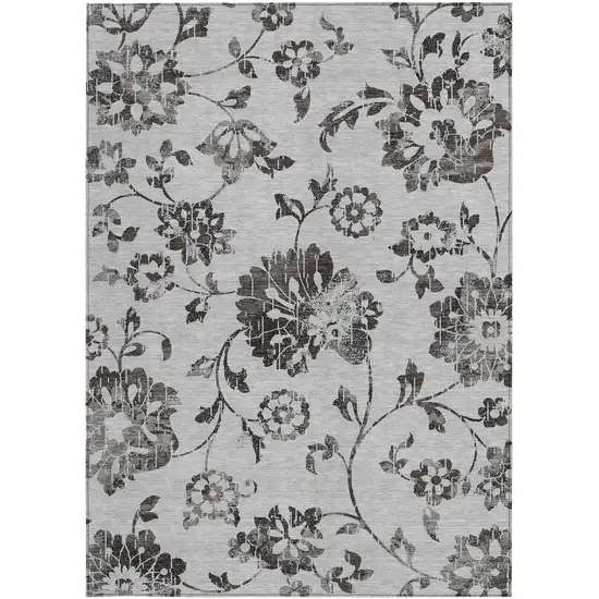 Gray Charcoal And Silver Floral Washable Indoor Outdoor Area Rug Photo 6