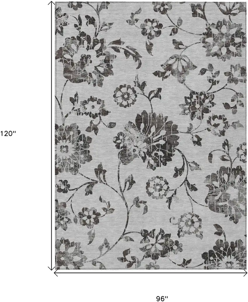 Gray Charcoal And Silver Floral Washable Indoor Outdoor Area Rug Photo 3