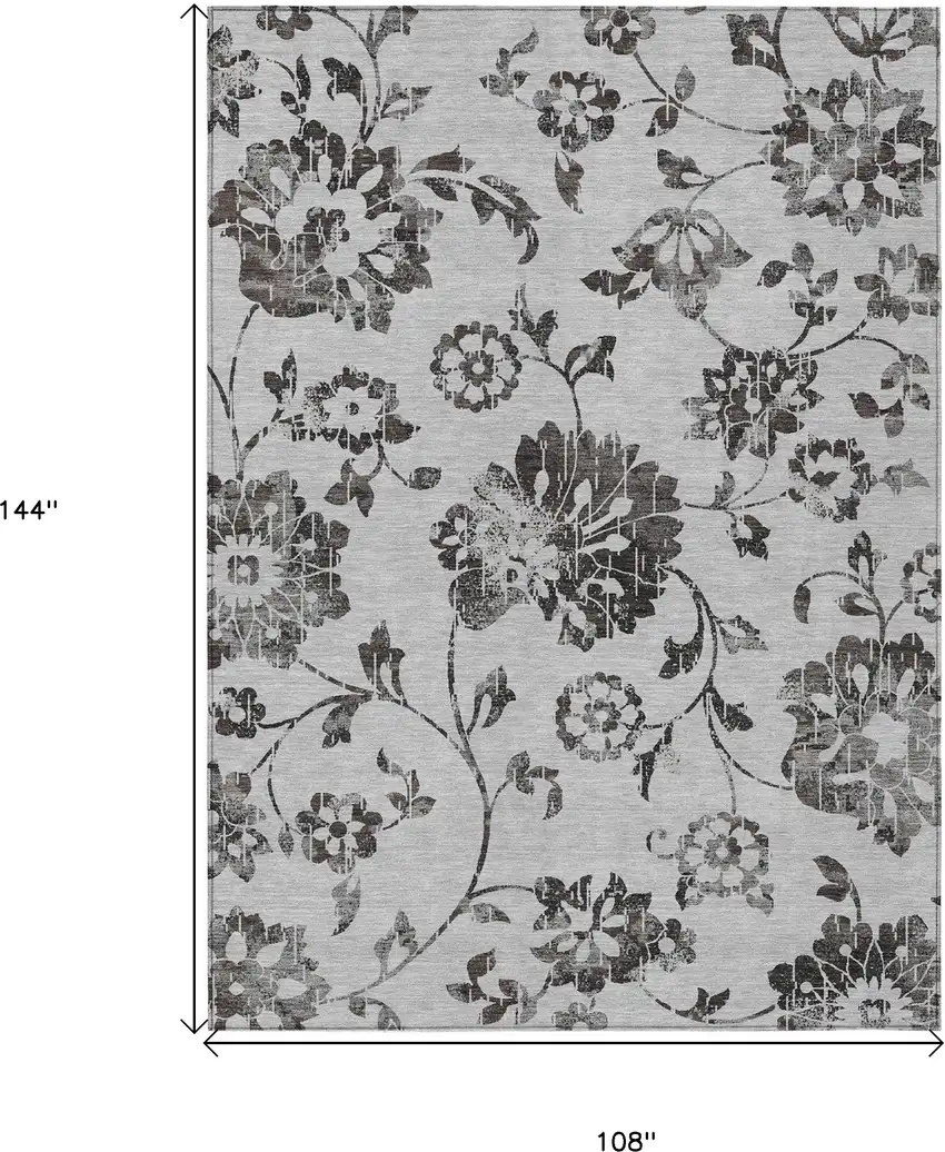 Gray Charcoal And Silver Floral Washable Indoor Outdoor Area Rug Photo 3