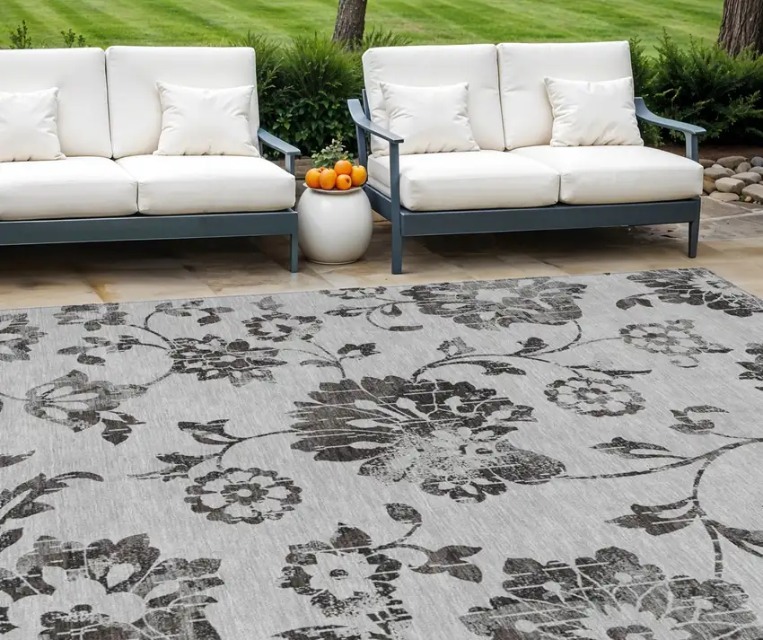 Gray Charcoal And Silver Floral Washable Indoor Outdoor Area Rug Photo 1