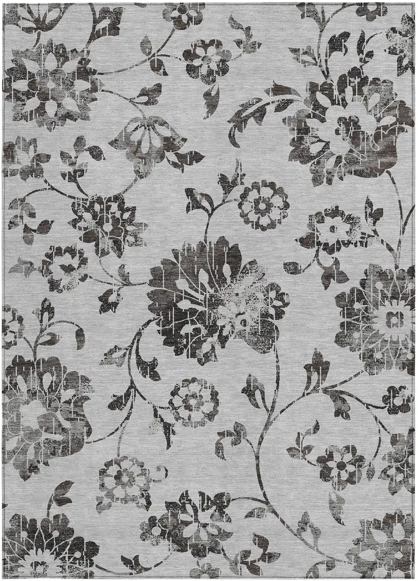 Gray Charcoal And Silver Floral Washable Indoor Outdoor Area Rug Photo 7