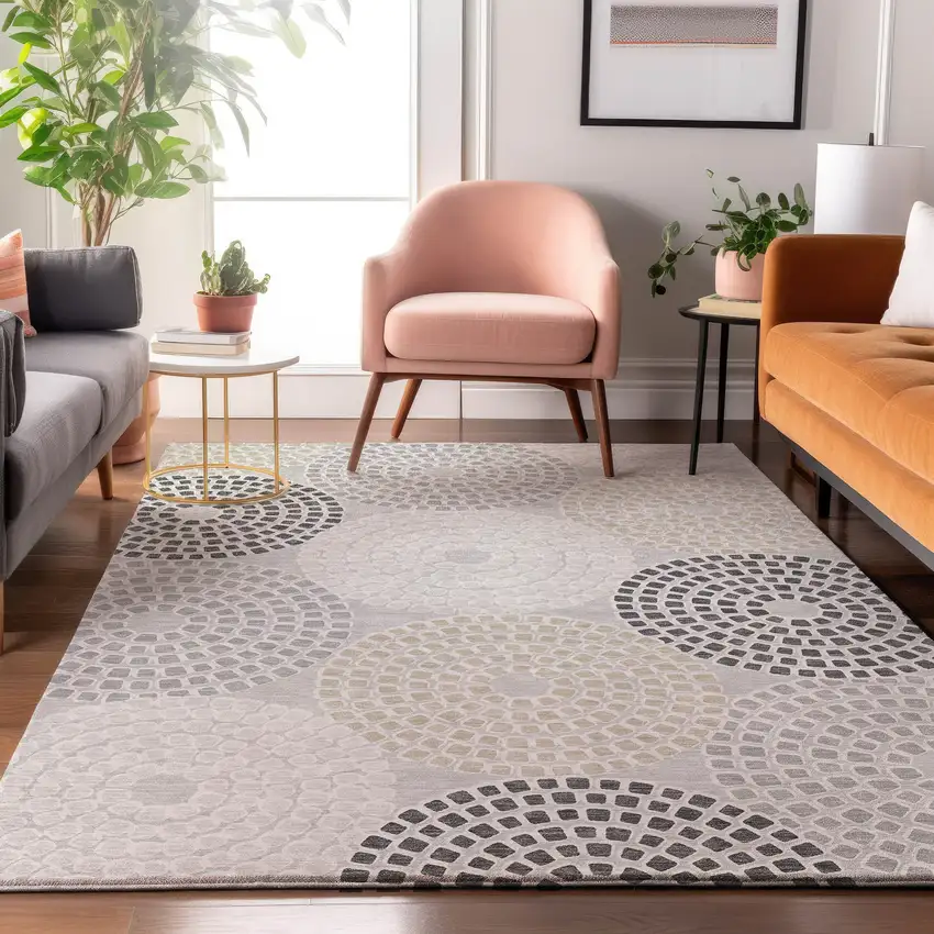 Gray Charcoal And Silver Geometric Washable Area Rug With UV Protection Photo 5