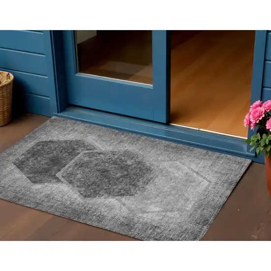 Gray Charcoal And Silver Geometric Washable Indoor Outdoor Area Rug Photo 1
