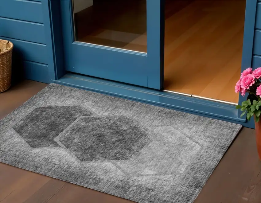 Gray Charcoal And Silver Geometric Washable Indoor Outdoor Area Rug Photo 1