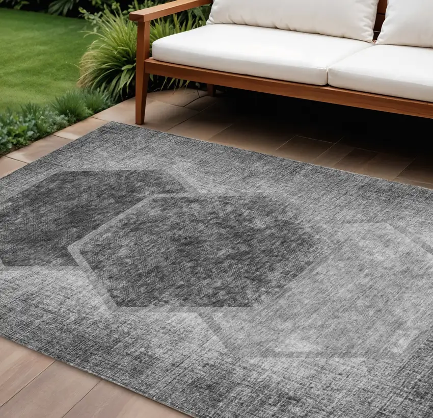 Gray Charcoal And Silver Geometric Washable Indoor Outdoor Area Rug Photo 1