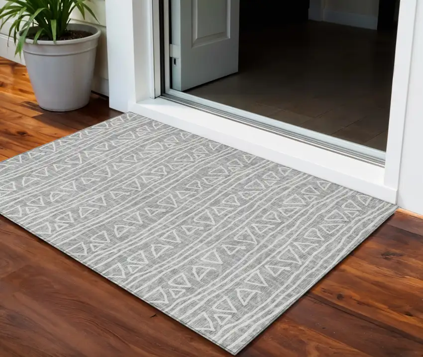 Gray Charcoal And Silver Geometric Washable Indoor Outdoor Area Rug Photo 1