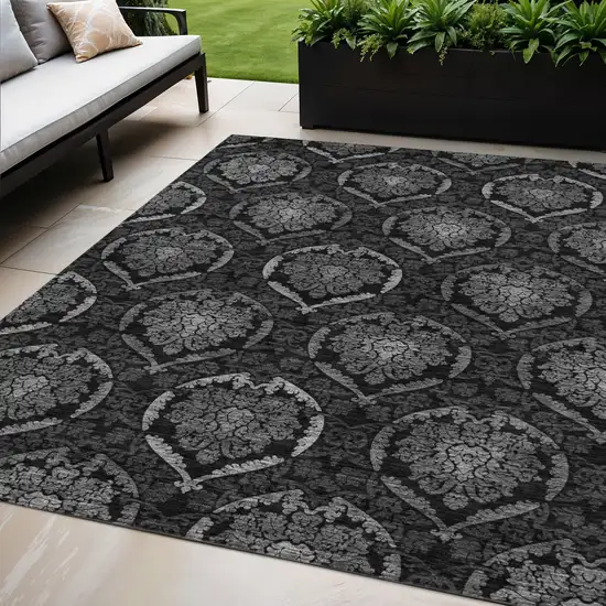 Gray Charcoal And Silver Medallion Washable Indoor Outdoor Area Rug Photo 1