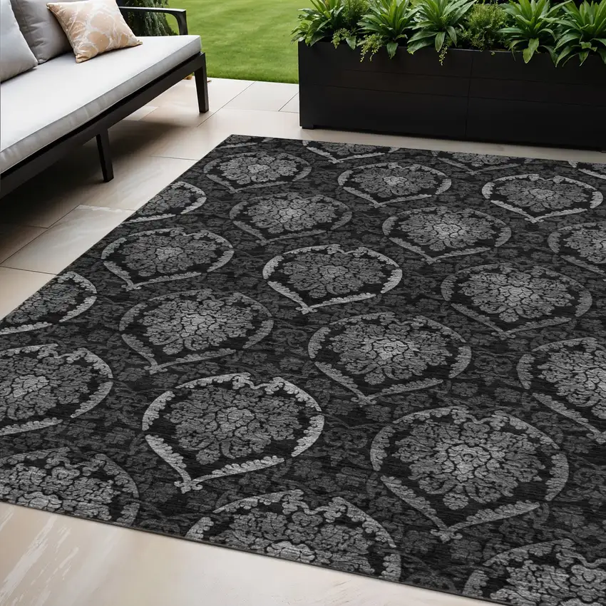 Gray Charcoal And Silver Medallion Washable Indoor Outdoor Area Rug Photo 1