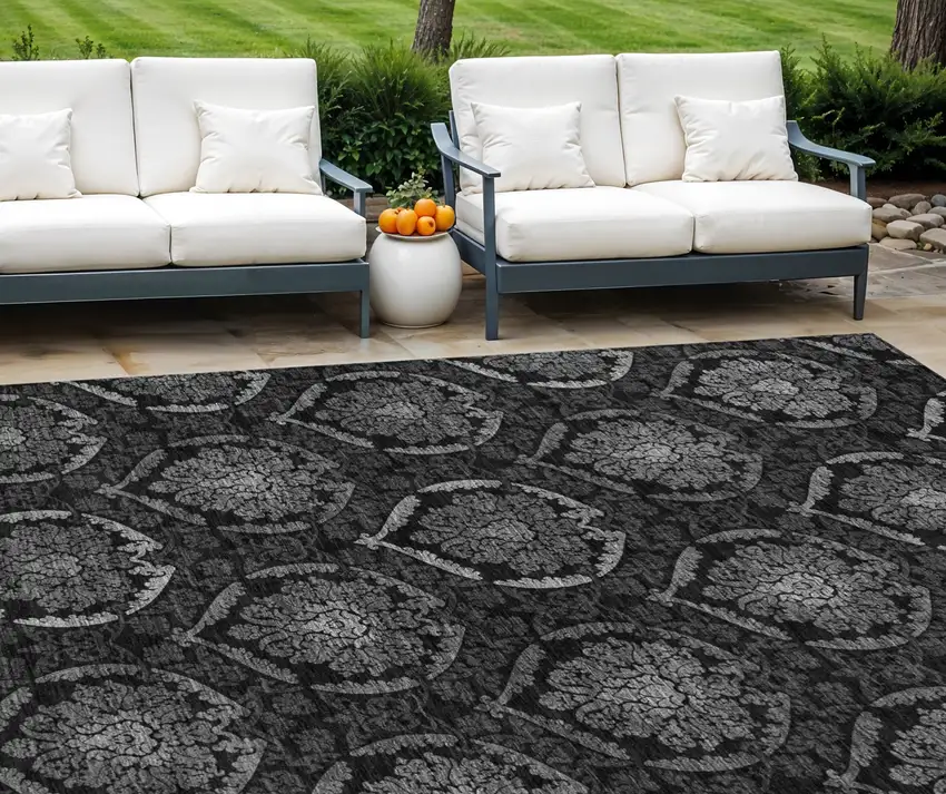 Gray Charcoal And Silver Medallion Washable Indoor Outdoor Area Rug Photo 1