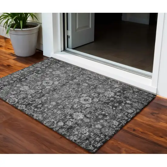 Gray Charcoal And Silver Oriental Washable Indoor Outdoor Area Rug Photo 1