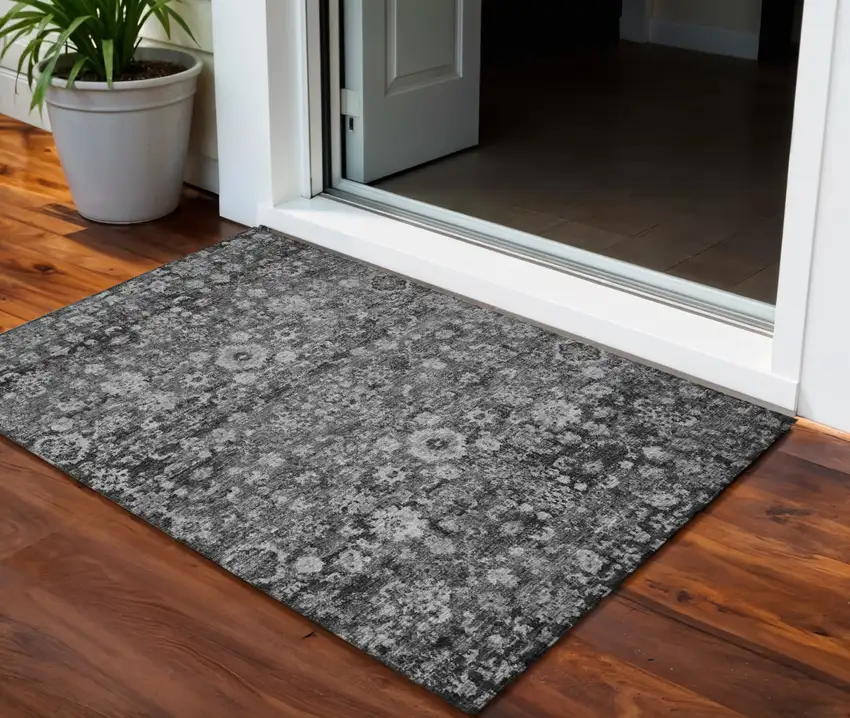 Gray Charcoal And Silver Oriental Washable Indoor Outdoor Area Rug Photo 1