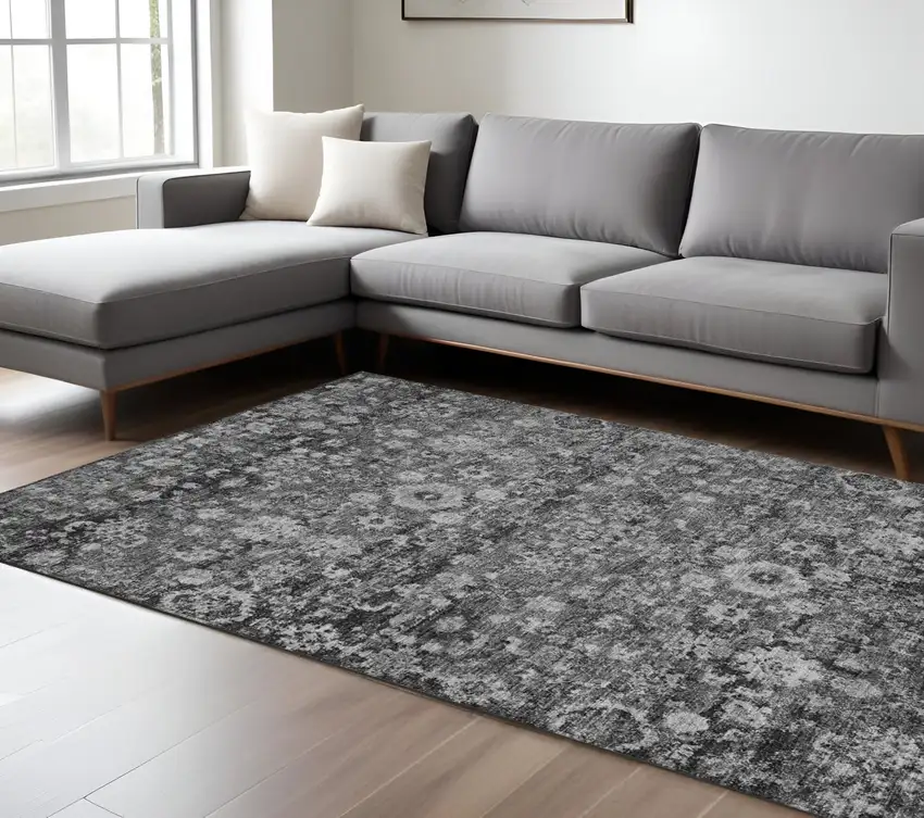 Gray Charcoal And Silver Oriental Washable Indoor Outdoor Area Rug Photo 2