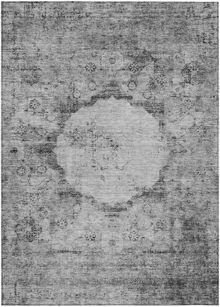 Gray Charcoal And Silver Oriental Washable Indoor Outdoor Area Rug Photo 2