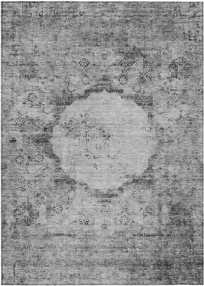 Gray Charcoal And Silver Oriental Washable Indoor Outdoor Area Rug Photo 2