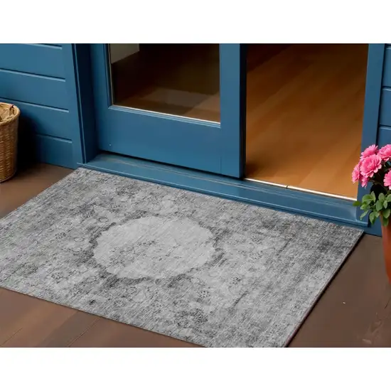 Gray Charcoal And Silver Oriental Washable Indoor Outdoor Area Rug Photo 1