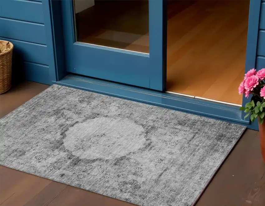 Gray Charcoal And Silver Oriental Washable Indoor Outdoor Area Rug Photo 1
