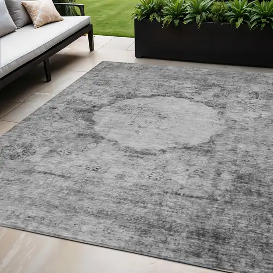 Gray Charcoal And Silver Oriental Washable Indoor Outdoor Area Rug Photo 1