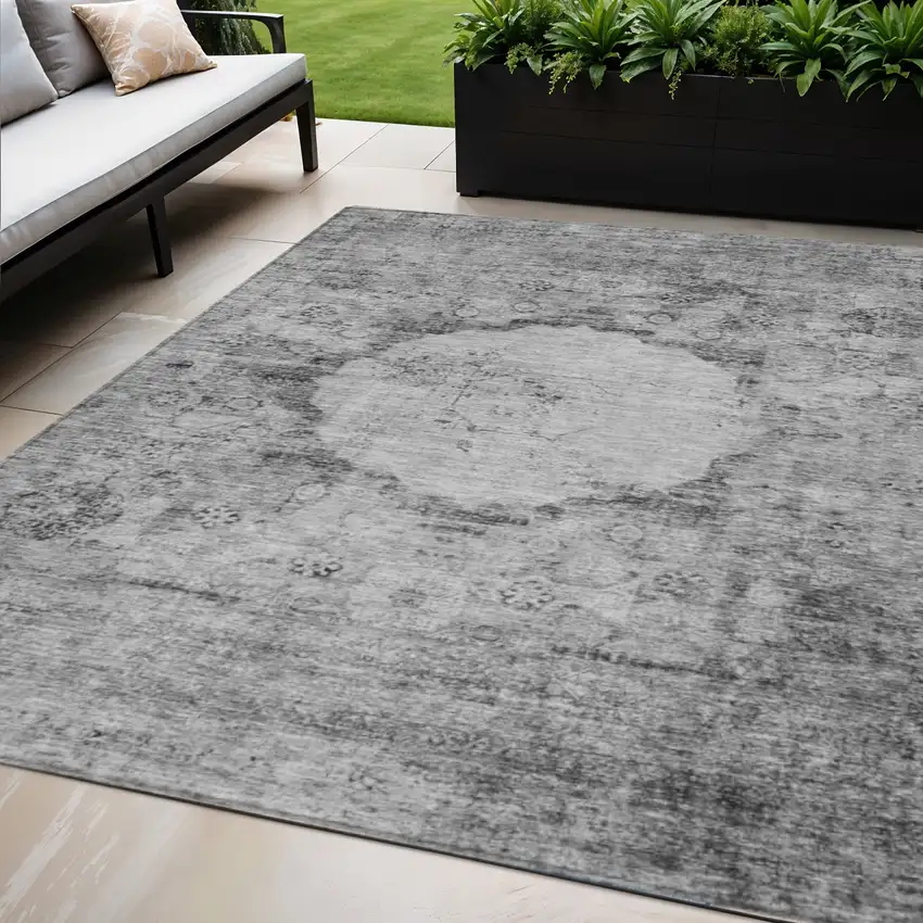 Gray Charcoal And Silver Oriental Washable Indoor Outdoor Area Rug Photo 1