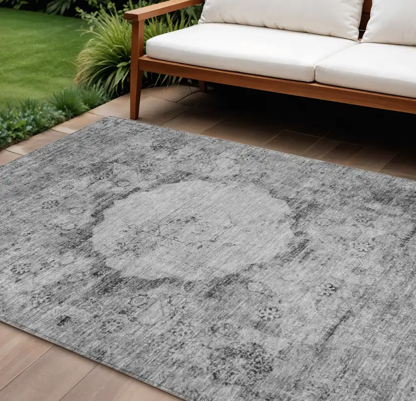 Gray Charcoal And Silver Oriental Washable Indoor Outdoor Area Rug Photo 1