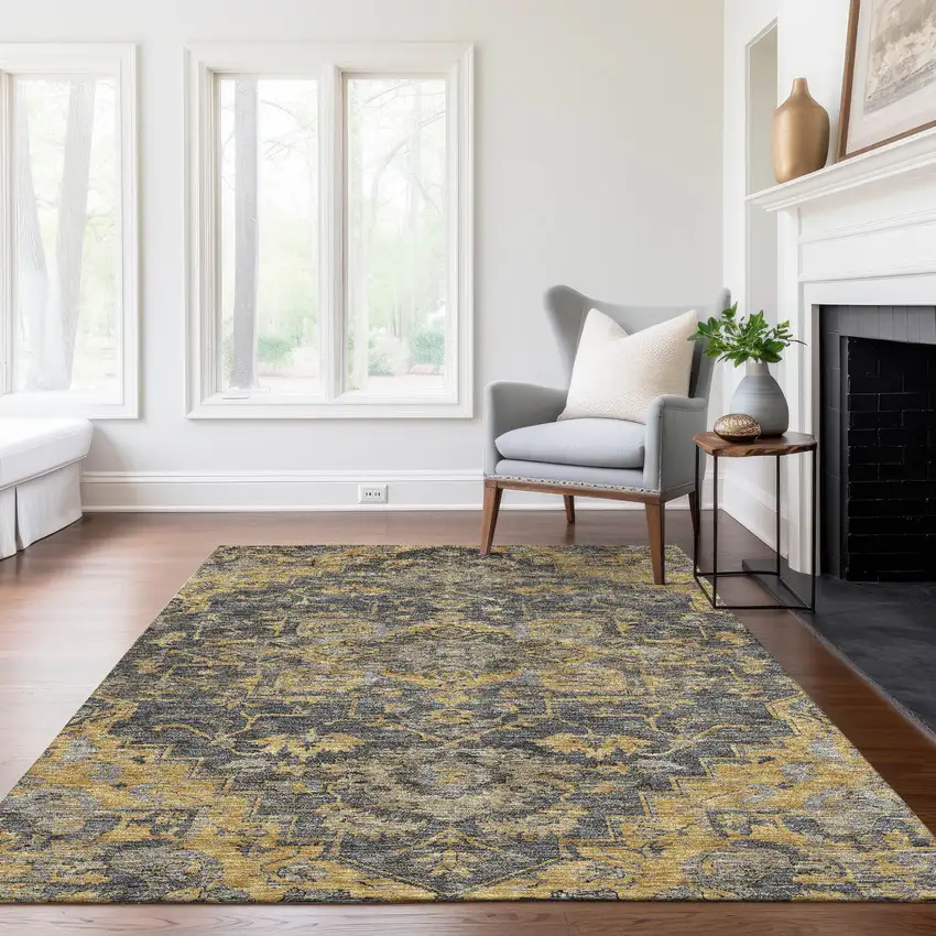 Gray Charcoal And Silver Oriental Washable Indoor Outdoor Area Rug Photo 7