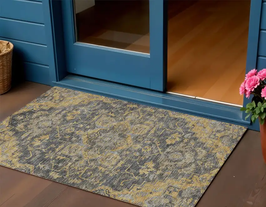 Gray Charcoal And Silver Oriental Washable Indoor Outdoor Area Rug Photo 1
