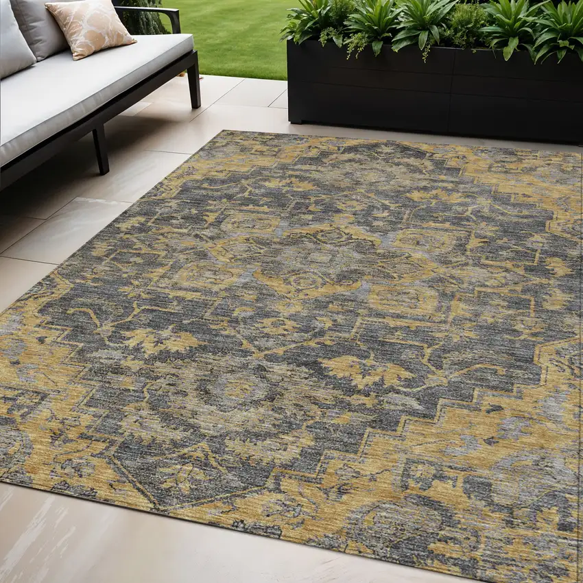 Gray Charcoal And Silver Oriental Washable Indoor Outdoor Area Rug Photo 1