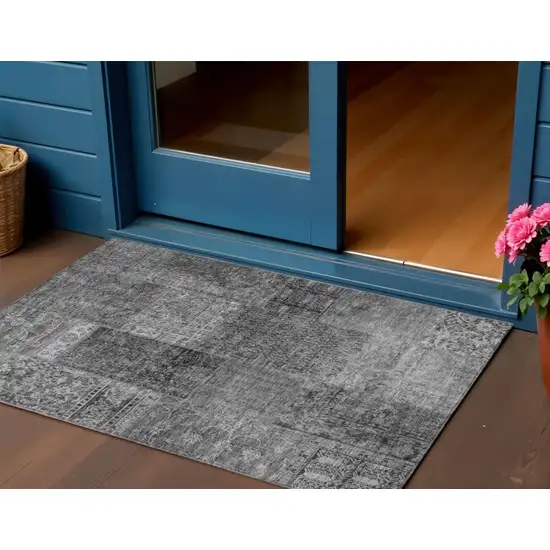 Gray Charcoal And Silver Patchwork Washable Indoor Outdoor Area Rug Photo 1