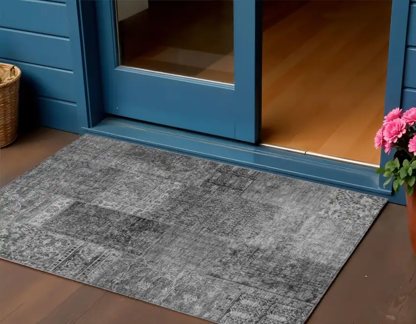 Gray Charcoal And Silver Patchwork Washable Indoor Outdoor Area Rug Photo 1