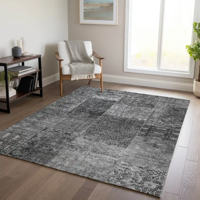 Gray Charcoal And Silver Patchwork Washable Indoor Outdoor Area Rug Photo 9