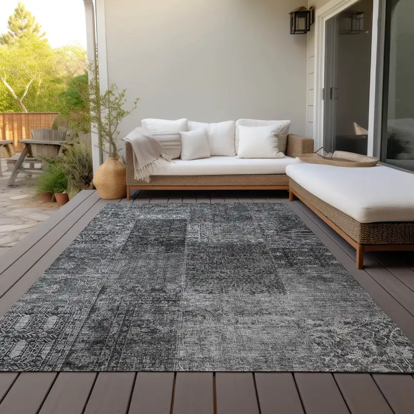 Gray Charcoal And Silver Patchwork Washable Indoor Outdoor Area Rug Photo 8