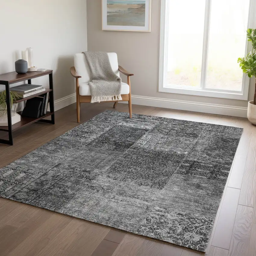 Gray Charcoal And Silver Patchwork Washable Indoor Outdoor Area Rug Photo 8