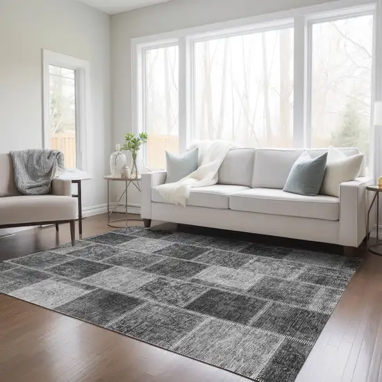 Gray Charcoal And Silver Patchwork Washable Indoor Outdoor Area Rug Photo 9