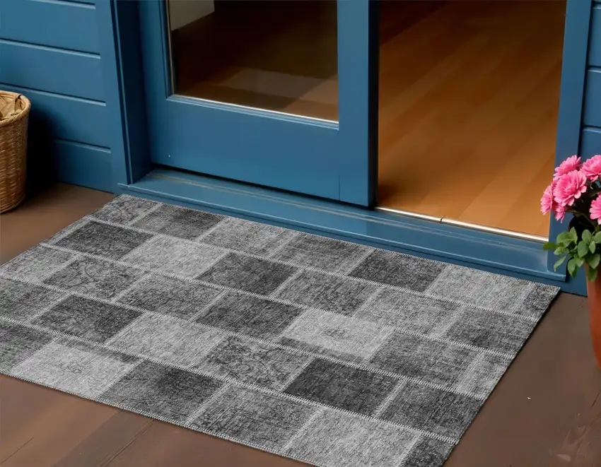 Gray Charcoal And Silver Patchwork Washable Indoor Outdoor Area Rug Photo 1