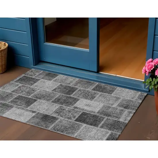 Gray Charcoal And Silver Patchwork Washable Indoor Outdoor Area Rug Photo 1
