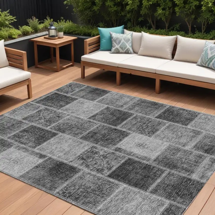 Gray Charcoal And Silver Patchwork Washable Indoor Outdoor Area Rug Photo 1
