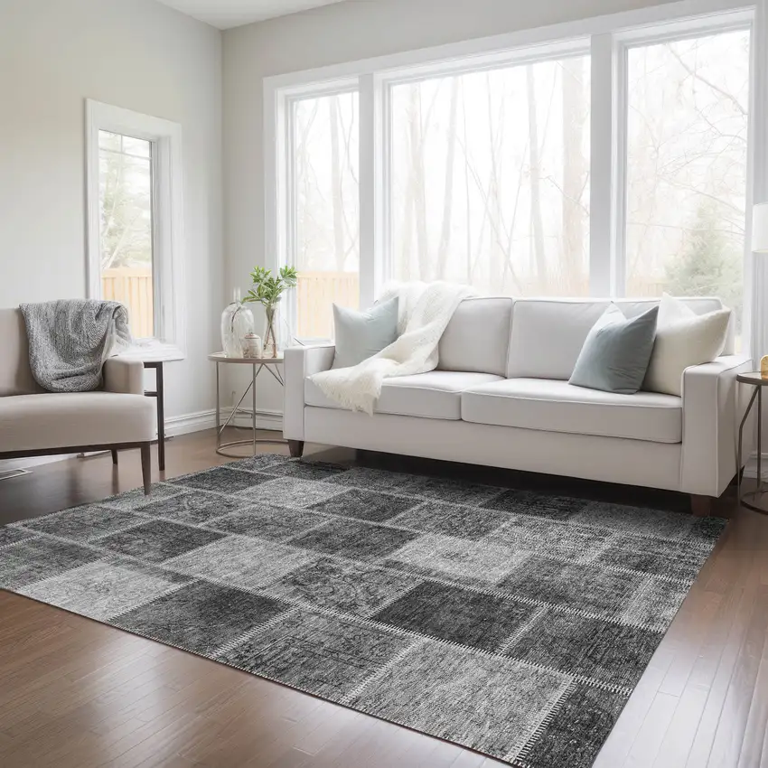 Gray Charcoal And Silver Patchwork Washable Indoor Outdoor Area Rug Photo 8